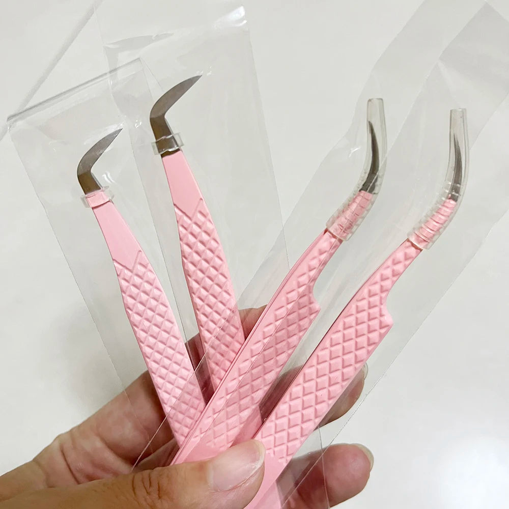 New Arrival Custom Lash Tweezers QC Eyelash Extensions Curved Tweezers 90 Degree Private Label Volume Lashes Fiber Tip Tweeze