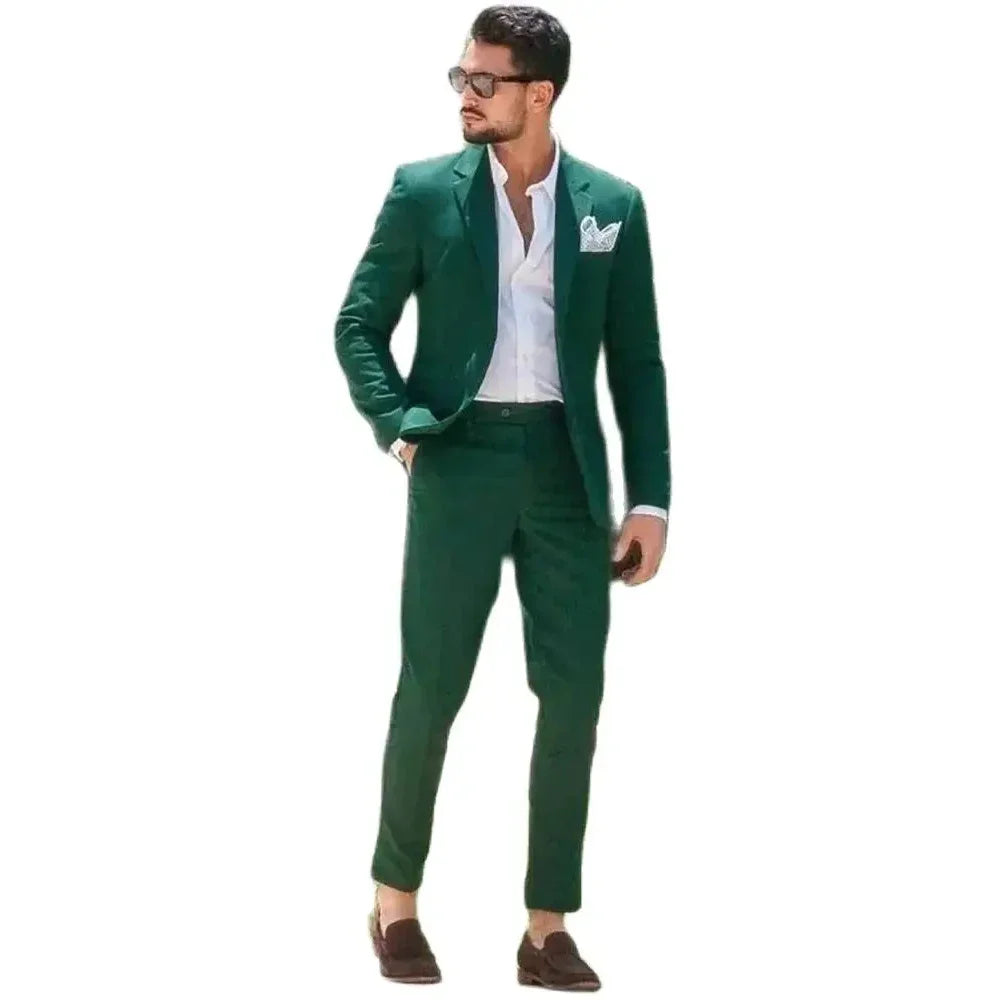 Luxury Men's Suits Green Outfits Set Notched Lapel Single Breasted Tilor-made Formal 2 Piece Jacket Pants Party Costume