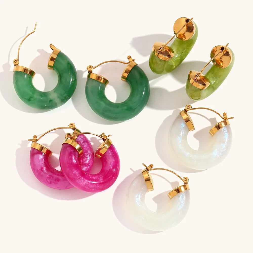 New Trendy Colorful Hoop Earrings Stainless Steel 18k Gold Plated Hypoallergenic Summer Colors Round Acrylic Hoop Earrings