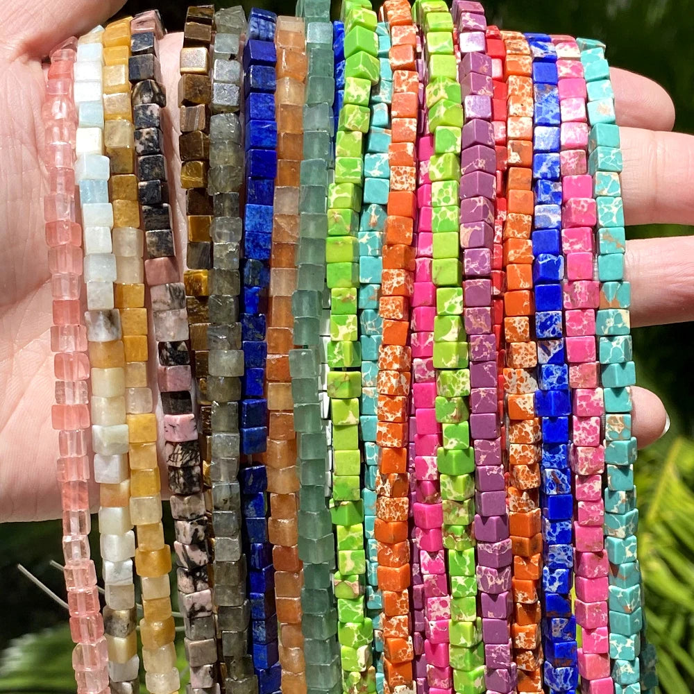 AsVrai U 4mm Natural Stone Colorful Sea Sediment Jaspers Cube Shape Spacer Loose Beads for Jewelry Making DIY Bracelet Access