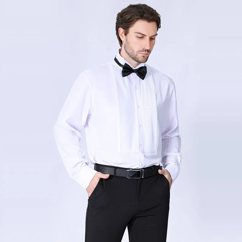 New Men's Casual Dress Shirt with French Send Bow Tie Long Solid Color Swallow Collar Poplin Fabric Anti-Wrinkle for Spring