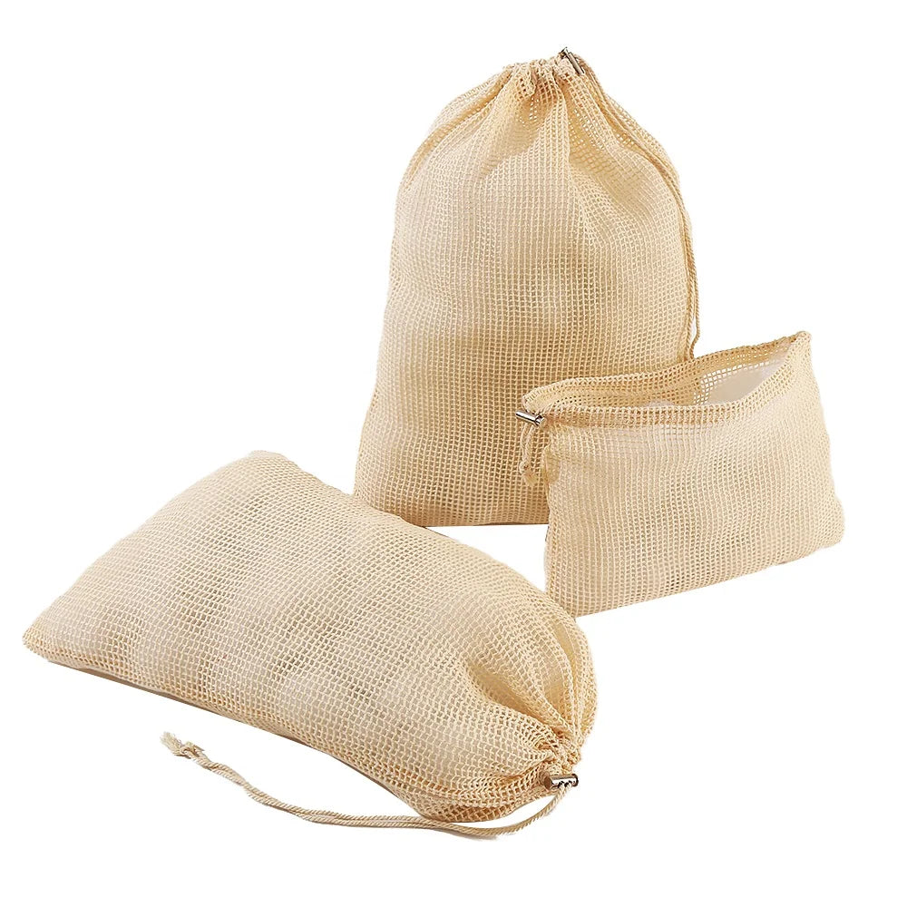Eco-Friendly Vegetable Fruit Cotton Produce Bag Lightweight Net zero Bulk Grocery Storage Bag Cotton Mesh Produce Shopping Ba