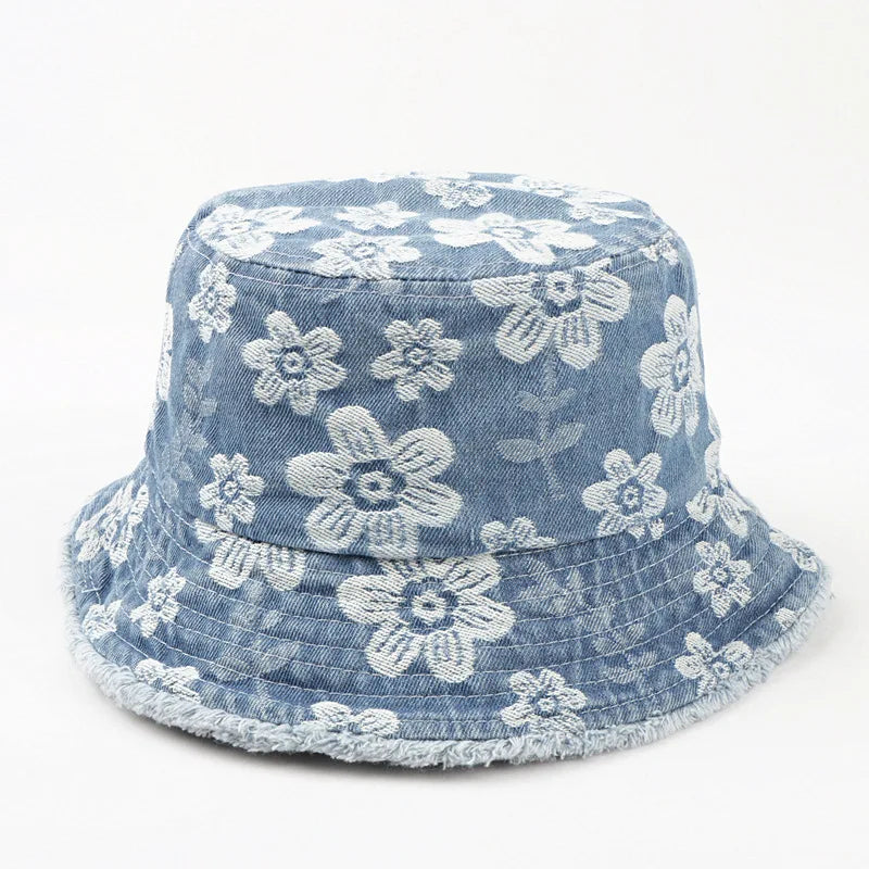2024 New Flower Embroidered Denim Washed Old Fashion Travel  Basin Hat