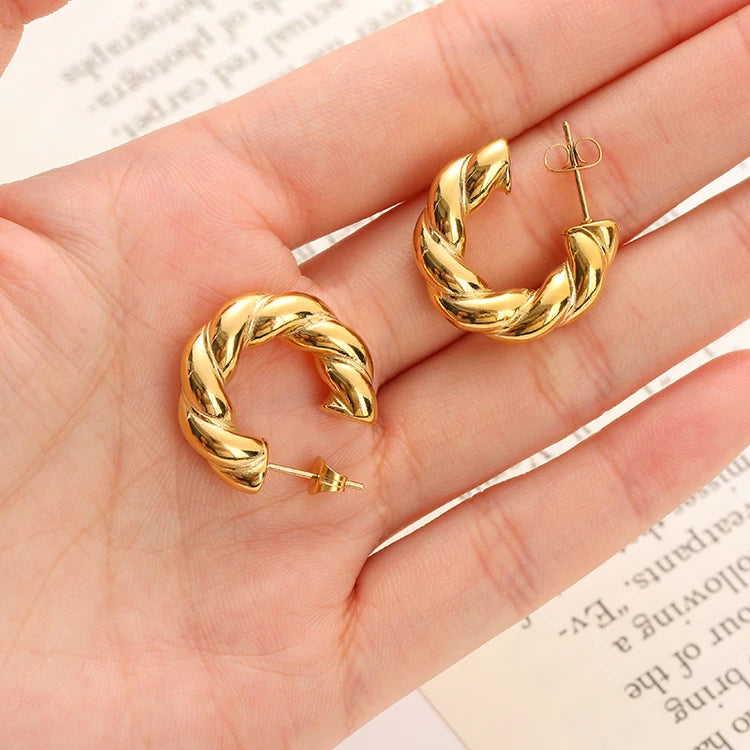 Wholesale 18K PVD Plating 316L Stainless Steel Hoop Earrings Fashionable Geometric Trendy Twisted Texture Waterproof Jewelry 