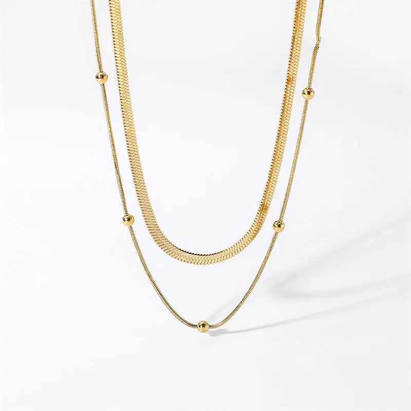 Fashion Aesthetic Necklaces Stacked Stainless Steel Necklaces 18K Gold-plated Beaded Chain Jeweled Snake Chain Necklaces