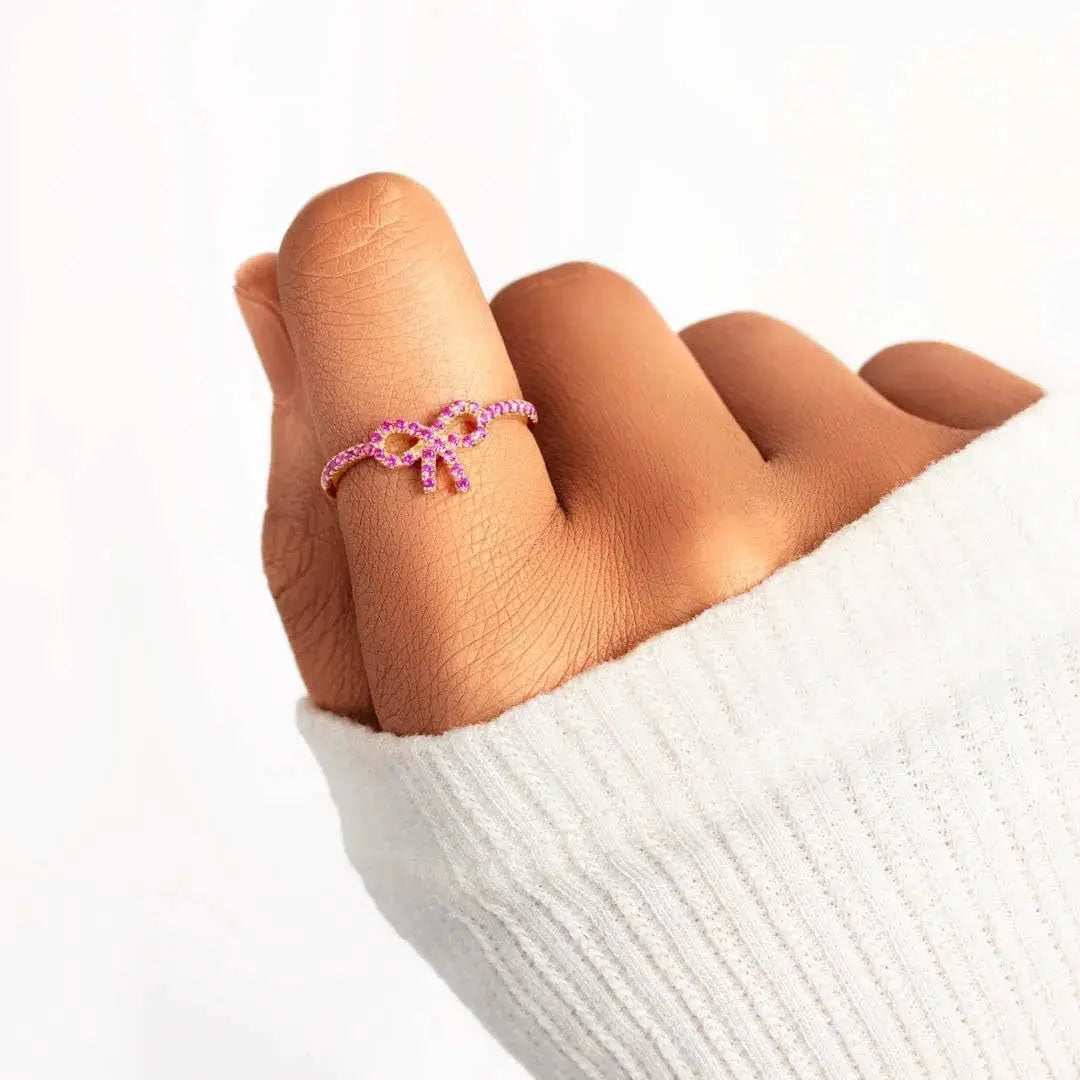 2025 New Delicate Cute Fashion Pink Zinc Alloy Gold Plated Jewelry Diamond Rings Gold Plated Rings Bow Rings for Women