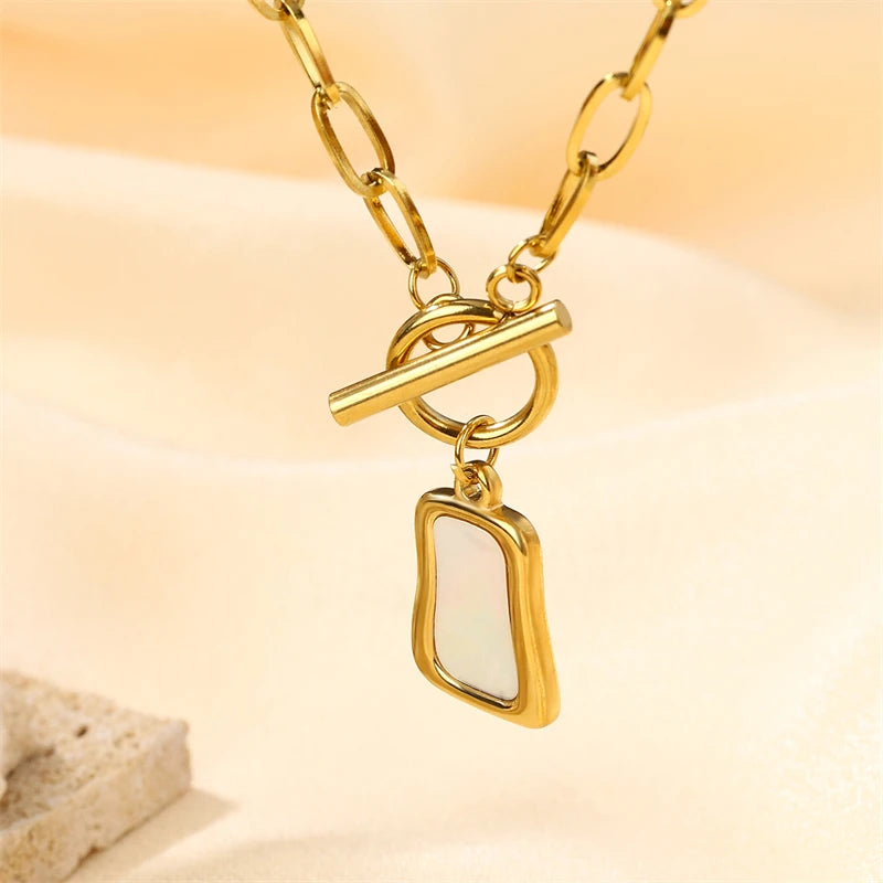 Vintage Women Stainless Steel Necklace Ot Knot Irregular Pendant Shell Necklace Gold 18K