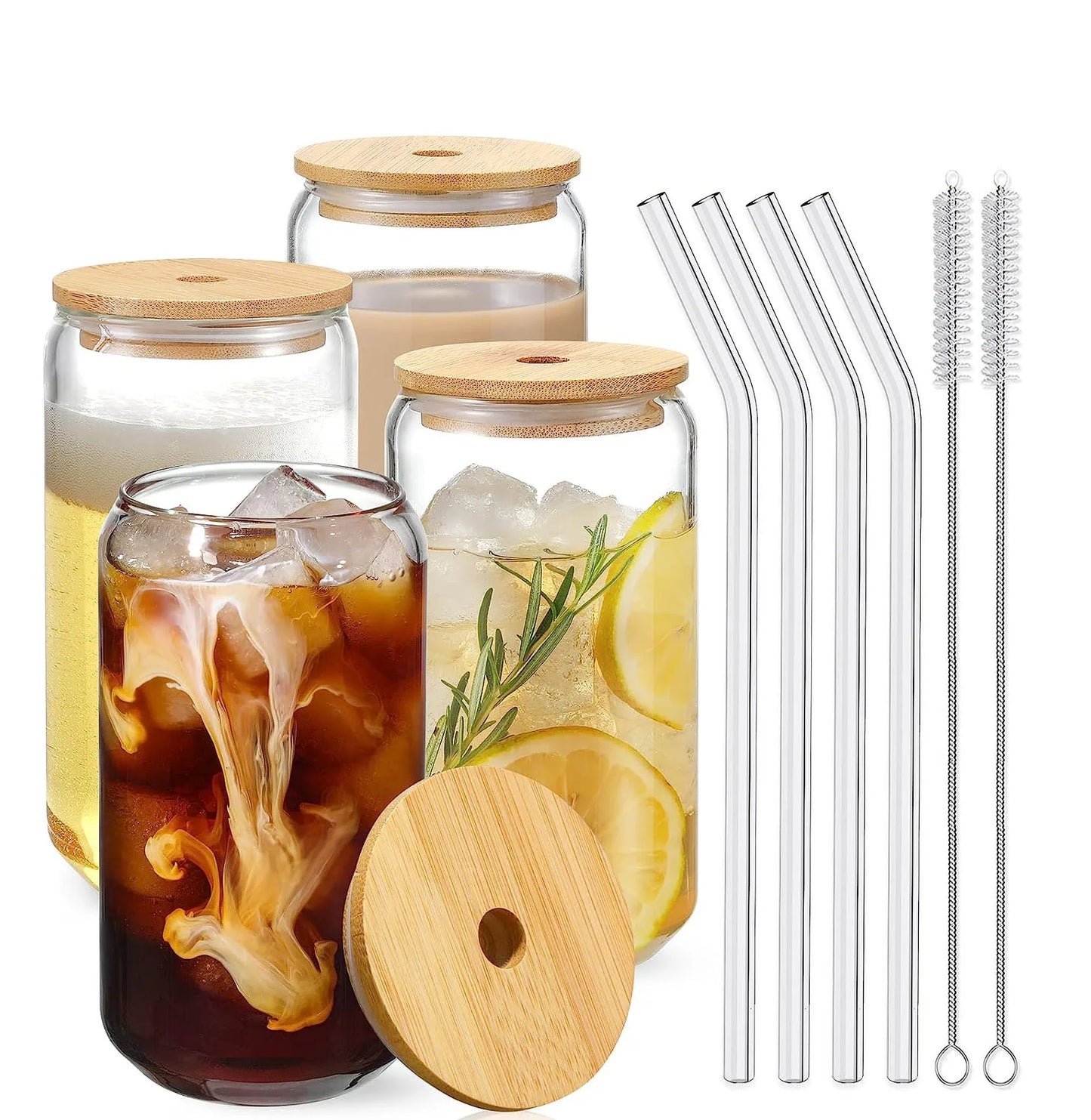Drinking Glasses with Bamboo Lids and Glass Straw 16oz Can Shaped Cups Beer Glasses Iced Coffee Cute Tumbler Cup