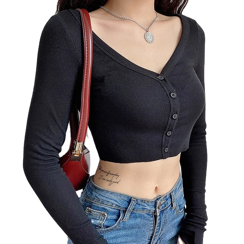 Women's Spring V-neck Single-breasted Long-sleeved Jacket Slim Knitwear Casual Wind