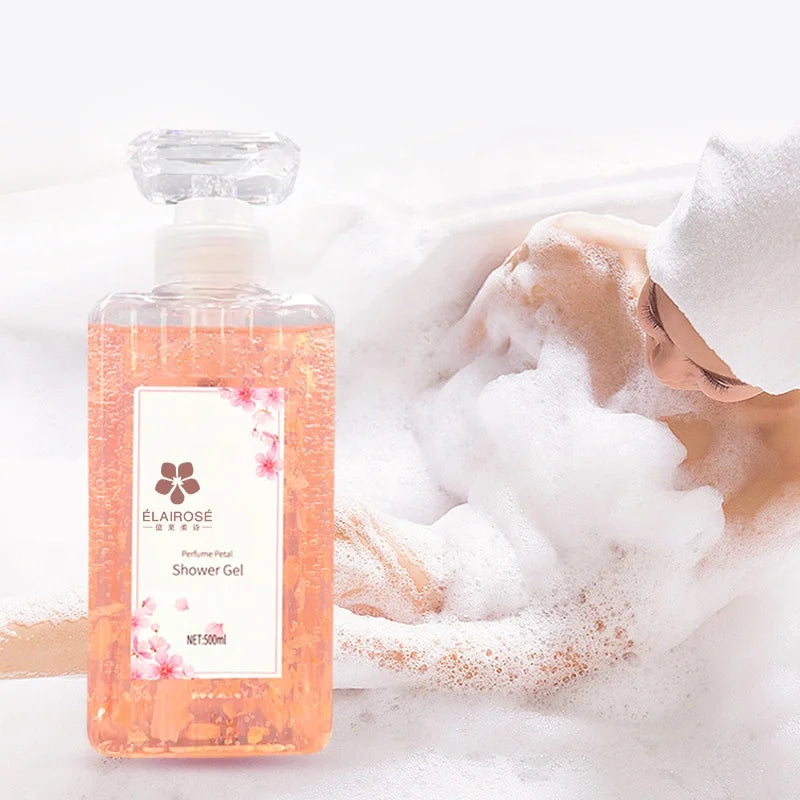 Private Label Perfume Body Wash With Pump Cherry Blossom Fragrance Petal Shower Gel for Women Hot Selling Brightening Body Wa