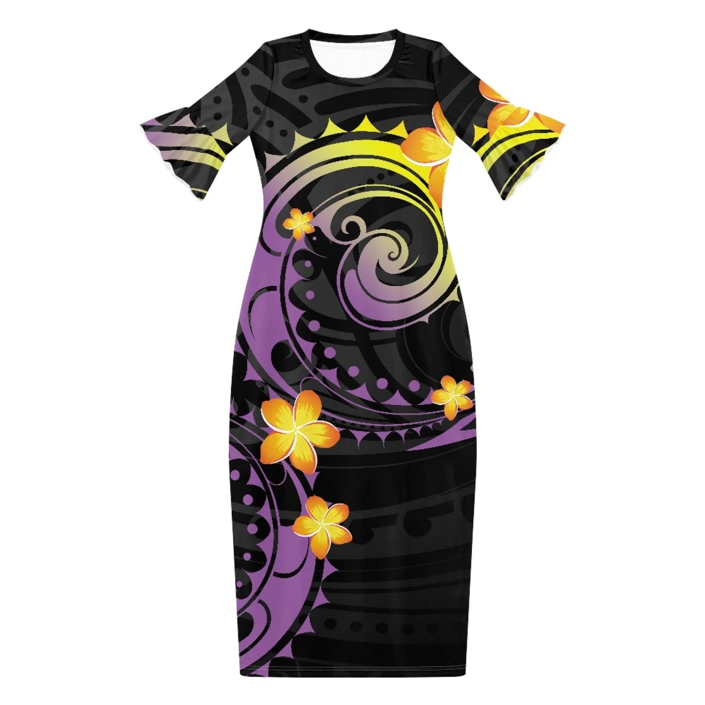 2025 Women's Spring Summer Boho Polynesia Hawaiian Floral Print O-Neck Faux Wrap Maxi Dress for Wedding Guest Graduation Part