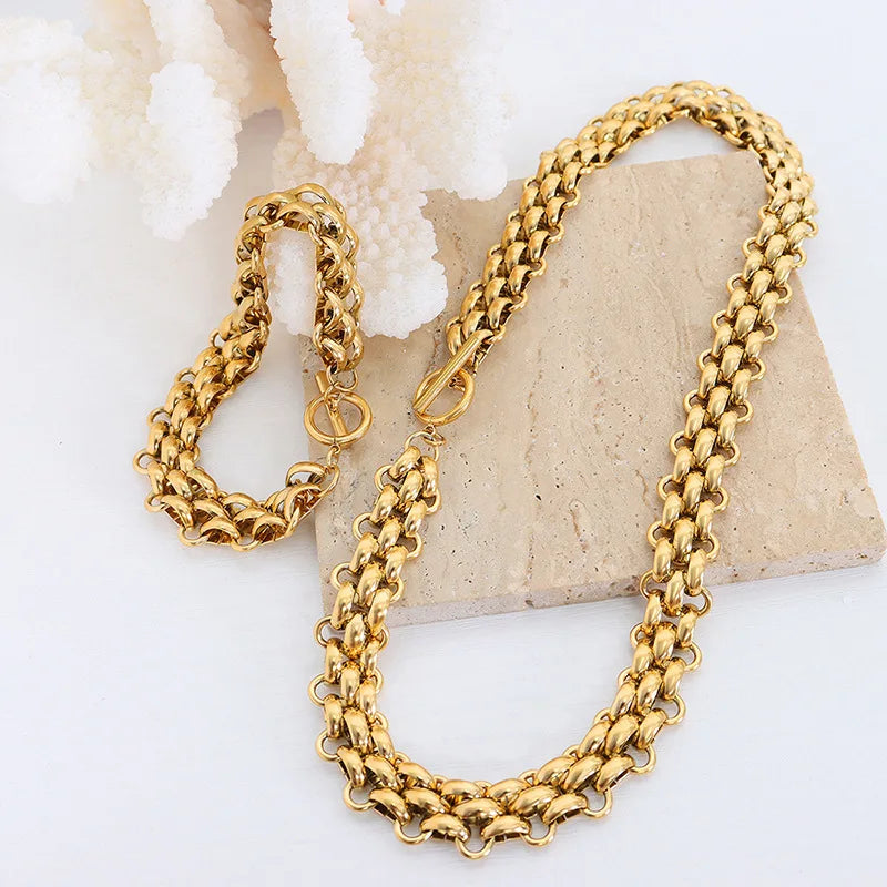 Personalized Thick Chain Gold Necklace Bracelet Stainless Steel Non Tannish Fashion Hip Hop Luxury Jewelry Set for Women