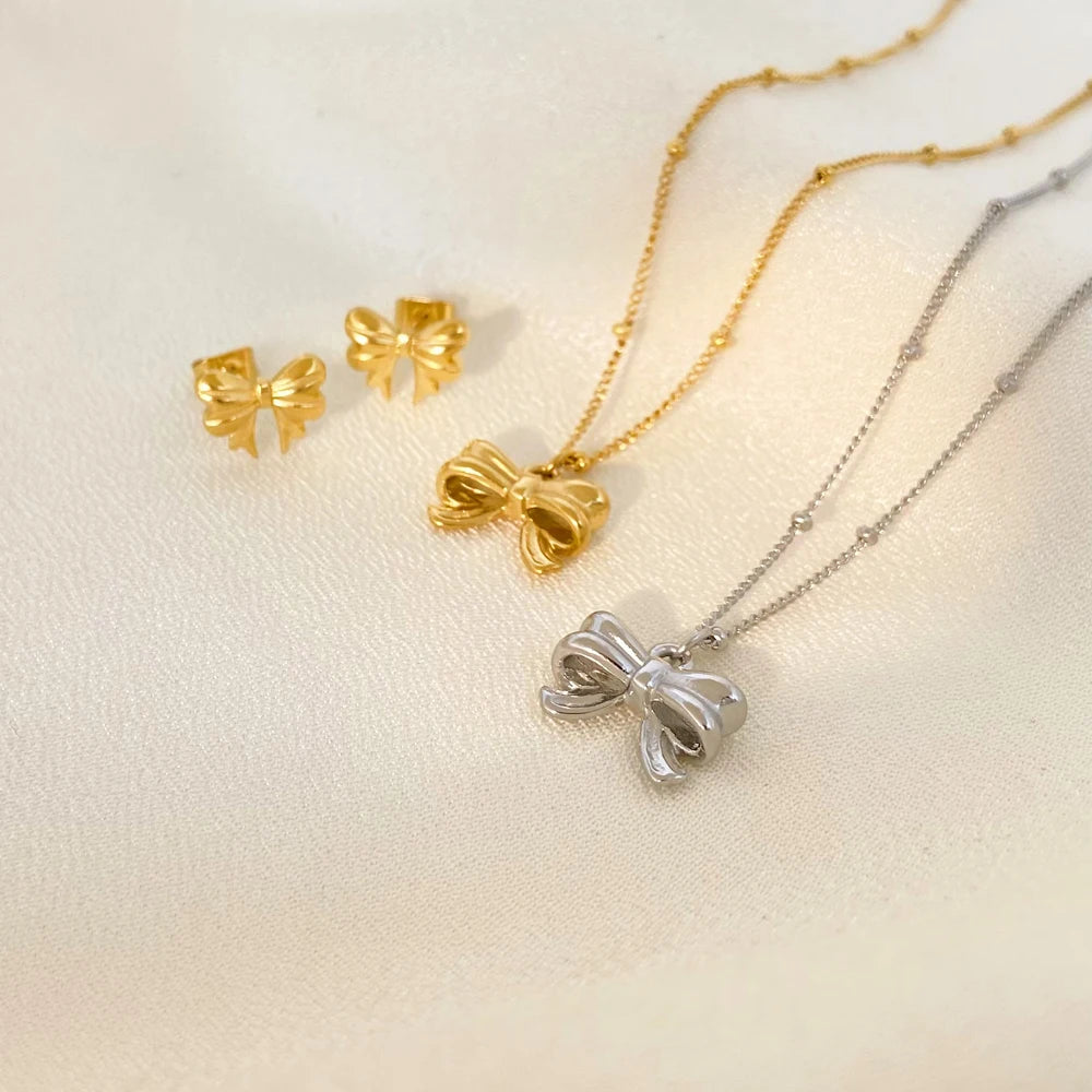 Bow Shaped Small Titanium Steel Necklace Bracelet Joyas De Acero Inoxidable Escaping Princess Bow 18k Gold Earrings No Fading