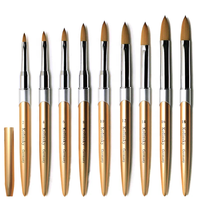 Custom Gold Metal Rod Pure Kolinsky Acrylic Nail Brush Private Label Crimped Head Nail Art Brushes Supplies for Acrylic Manic