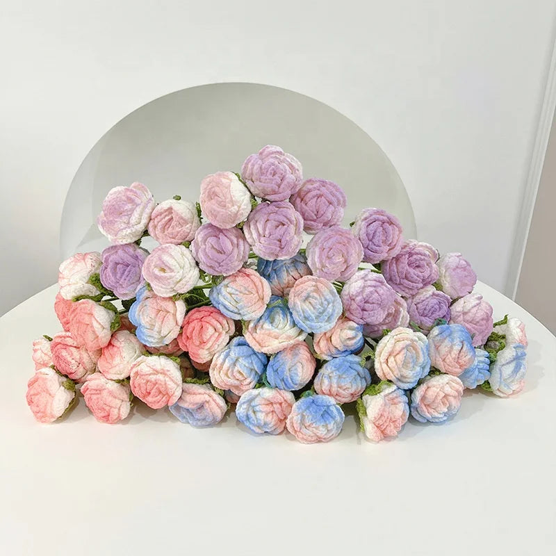 Hot Selling Hand Woven Roses Flower Wool Knitted Artificial Flowers Crochet Rose Flower for Gift