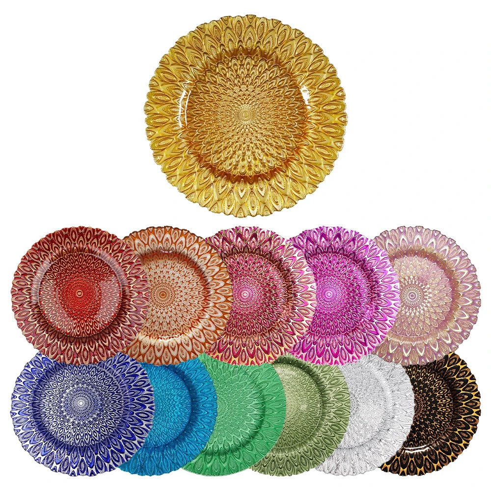 New Peacock Feather Design Crystal Glass Underplate Chargers Different Color Enamel Technique for Wedding Event Table Decor