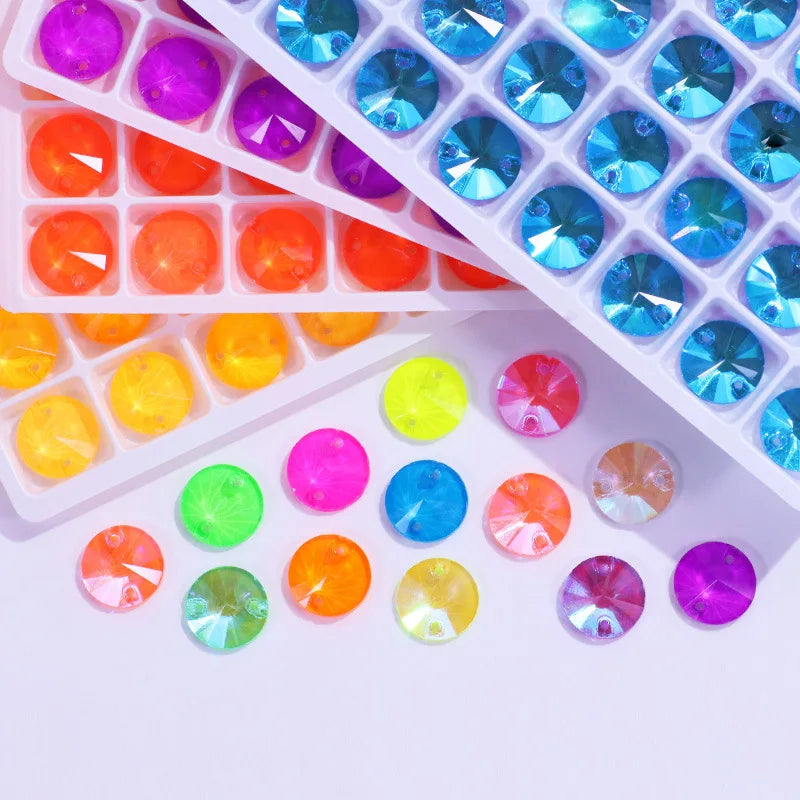 JC Crystal 10-14mm Round Rivoli Sew on Crystal Rhinestones for Clothing 2 Holes Fancy Stone Neon Colors Crystal Glass Stone