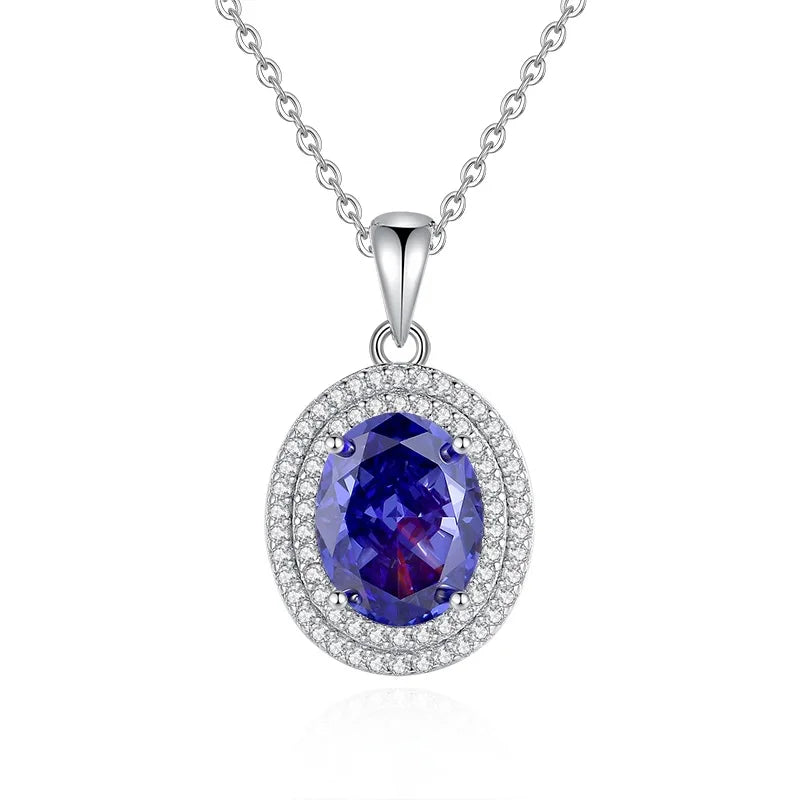Hot Selling Classic Style S925 Sterling  Silver Rhodium Plated Blue Green pink Oval Cubic Zirconia Pendant Necklace for Women