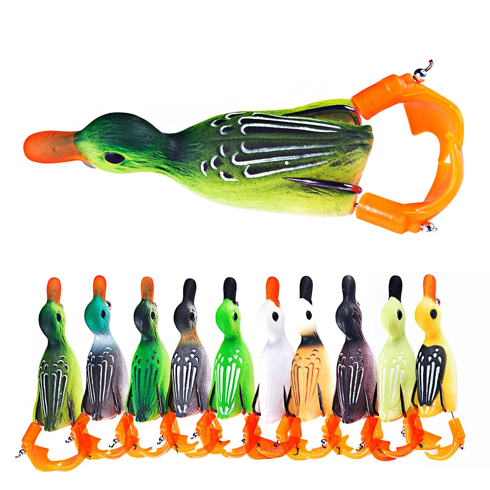 Wholesale FO038 8.5cm 12g Artificial Soft Baits Floating Duck Shape Frog Fishing Lures with Propeller Rotating Legs