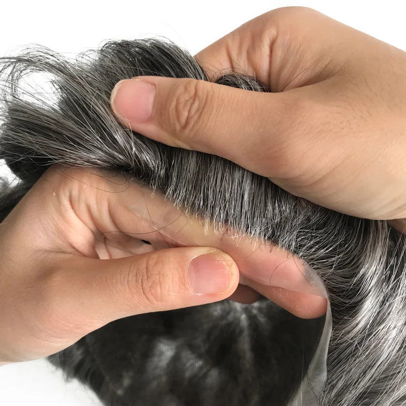 Gray Hair Revert Knots Full Thin PU Skin Base Human Hair Unit Men Toupee With Natural Hairline