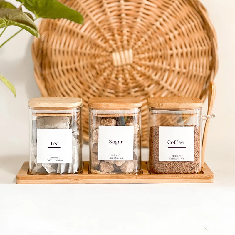 Unique 500ml 3pcs Square Bamboo Lid Glass Kitchen Storage Salt Sugar Spice Seasoning Container Jar Box Set with Spoon and Tra