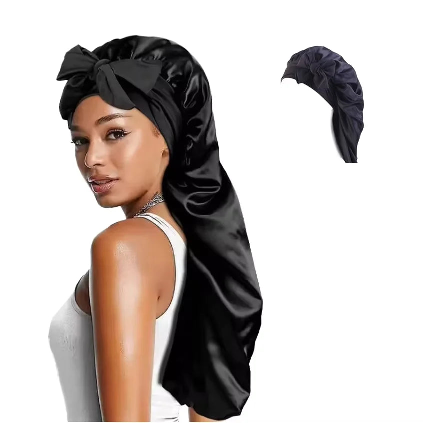Two Styles Women's Satin Bonnet Silky Long Extra Large Bonnet Sleeping Cap for Curly Hair Braid With Button