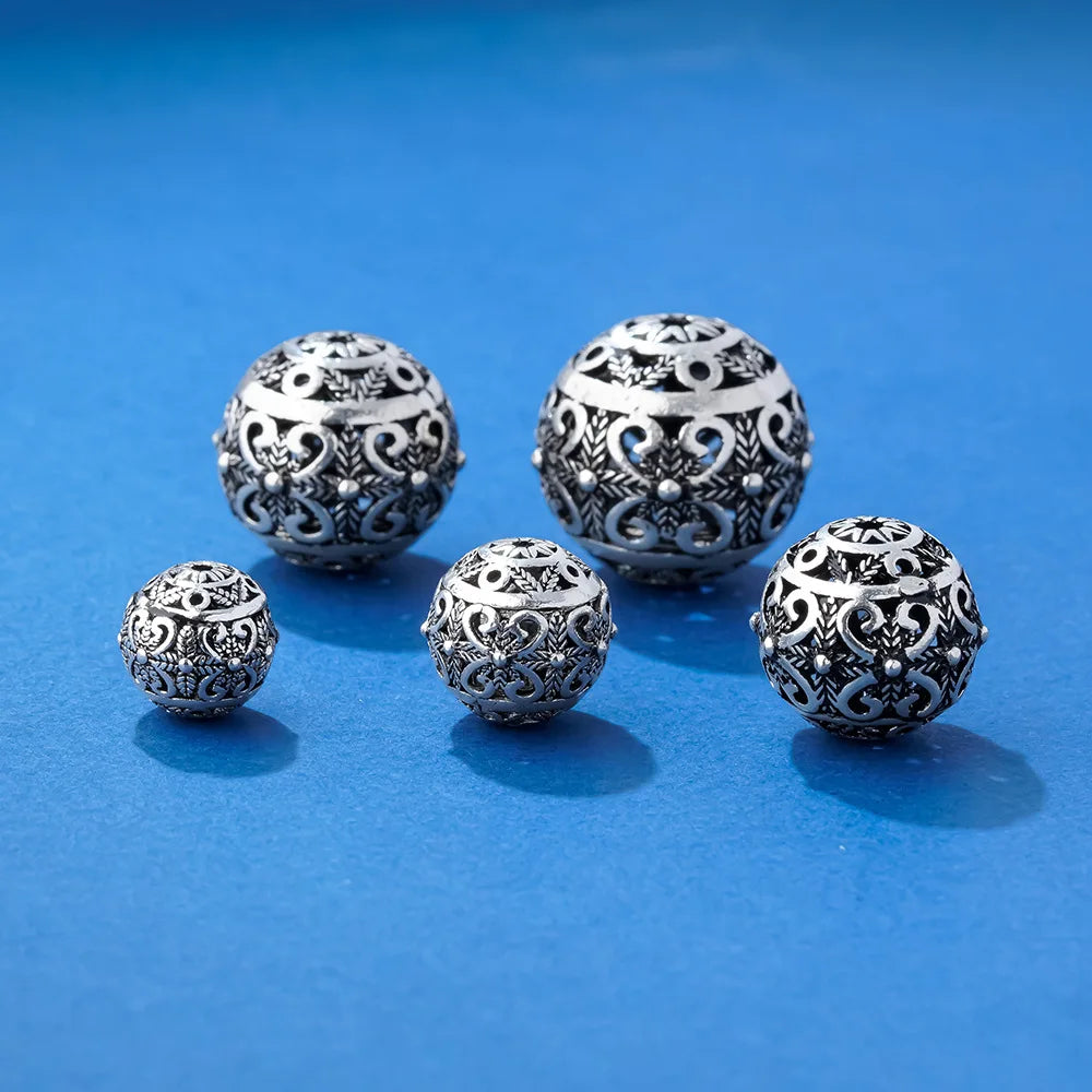 10mm 12mm 14mm 16mm 18mm Antique 925 Sterling Silver Hollow Butterfly Clover Pattern Round Charm Beads for Jewelry Making