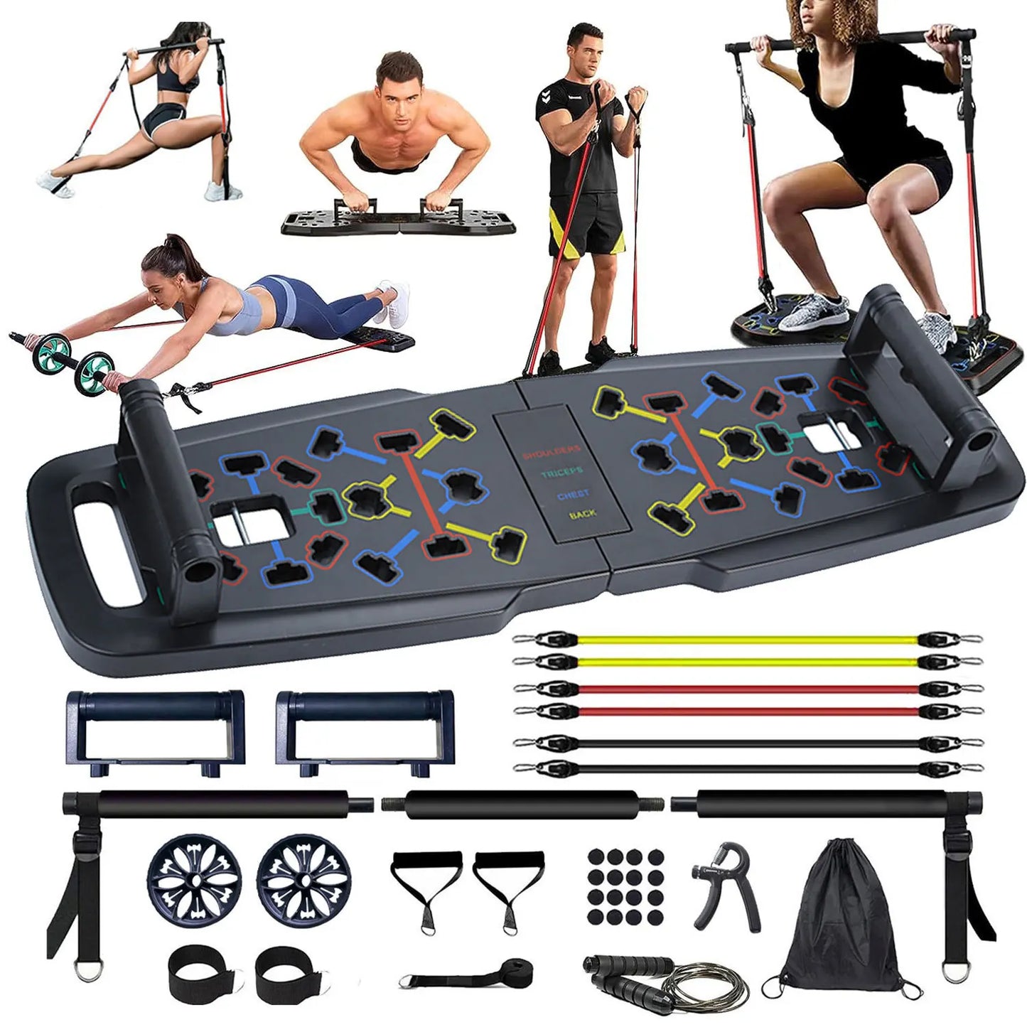 2026 New Arrival Home Gym Portable Dip Stand for Exercise Ab Training Push-Up Board with Resistance Bands & Roller Wheel