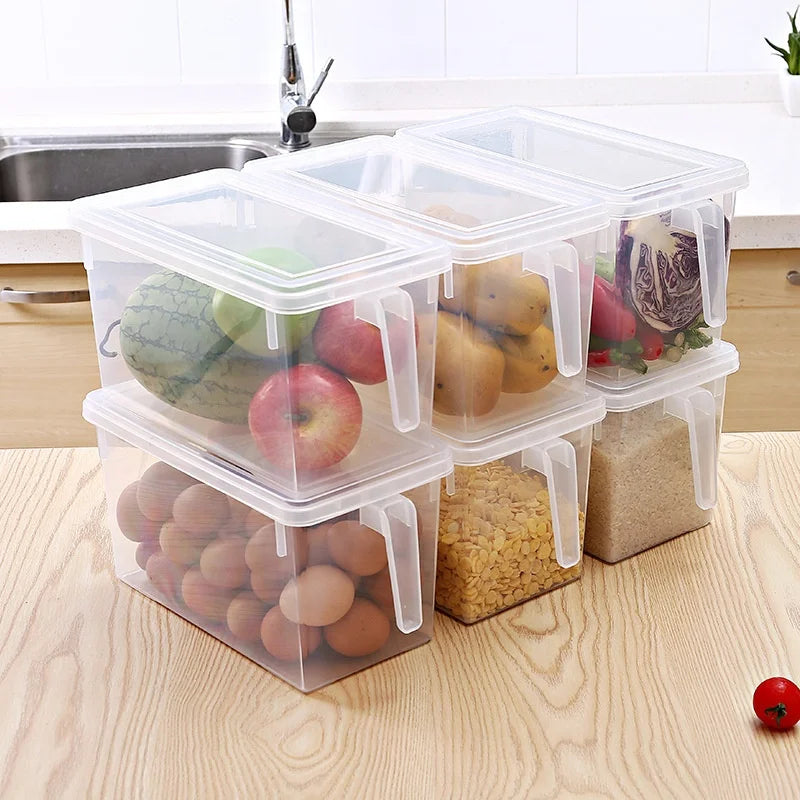 Modern Clear Plastic Injection Molded Rectangle Food Storage Crisper Fridge Organizer Containers Freshness Preservation Handl