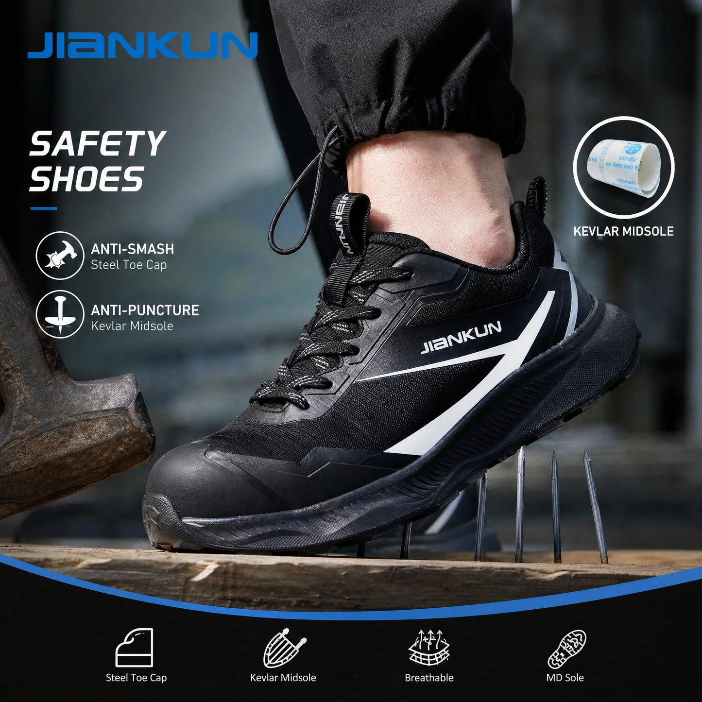 JIANKUN CE Certified Low Cut Anti-puncture Anti-impact Safety Shoes Unisex Fiberglass Toe ESD Non-slip Work Shoes for Industrial
