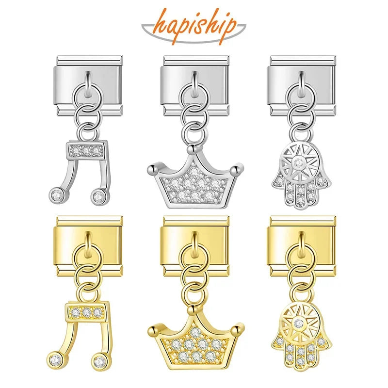 Hapiship Gold Italian Charm Bracelet Crown Palm Musical Note  Charms Stainless Steel Jewelry Pendants DJ627