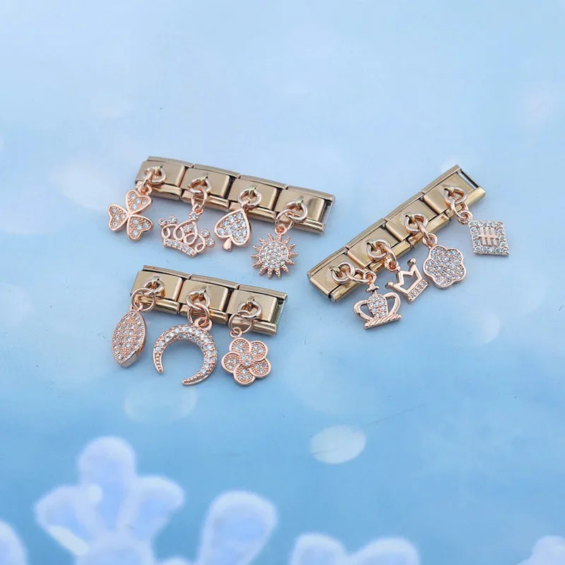 Hapiship Rose Gold Italian Charm Bracelet Stainless Steel Italian Charm With Pendant Crown Dazzling CZ Womans Pendant DJ611