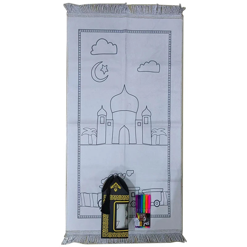 Islamic Small Kids Pray Rug Namaz Carpet Eid Drawing Gift Cartoon Mix Design Draw No Color Kids Children DIY Prayer Mat Set