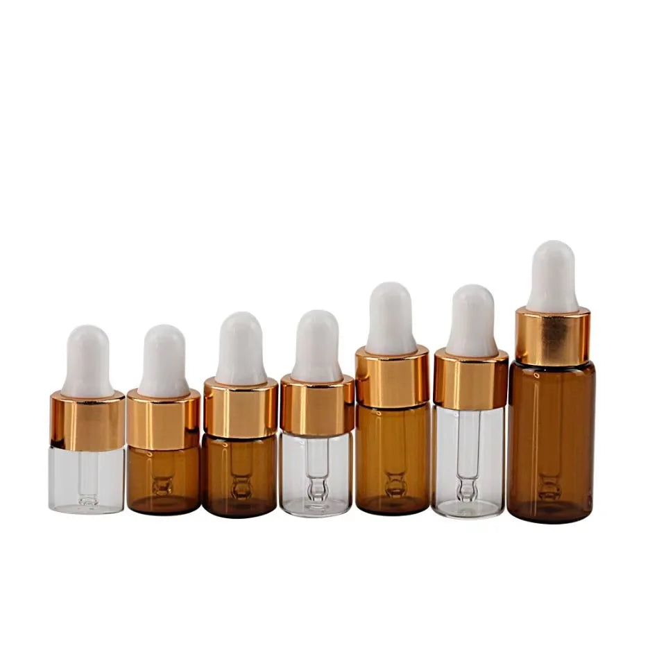 Transparent Amber Glass Dropper Bottle 1ml 2ml 3ml 5ml Flat for Essential Oil Display Perfume Sample Test Minimum Order 100pc
