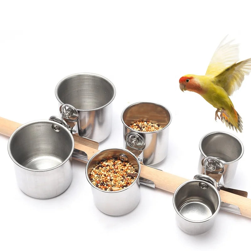 Stainless Steel Bowl for Birds Parrot Myna Standing Stand Pole Clip Cup Fixed Feeder Anti-gnawing Double Clip Cup Trough
