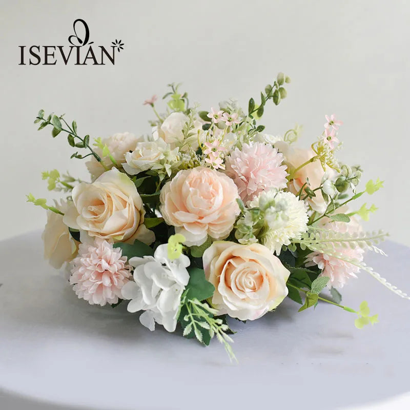ISEVIAN Artificial Rose Flower Arrangement Wedding Decoration Table Centerpiece