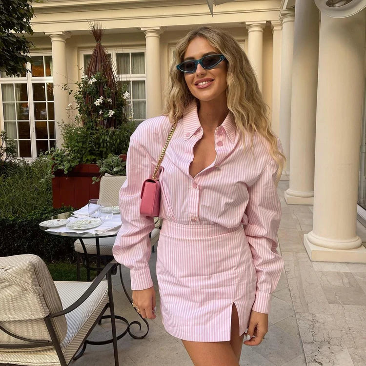 Women's Pink Striped Long Sleeve Blouse Shirt Top And Miniskirt Office Wear Casual Fashionable Two Piece Summer Skirt Set