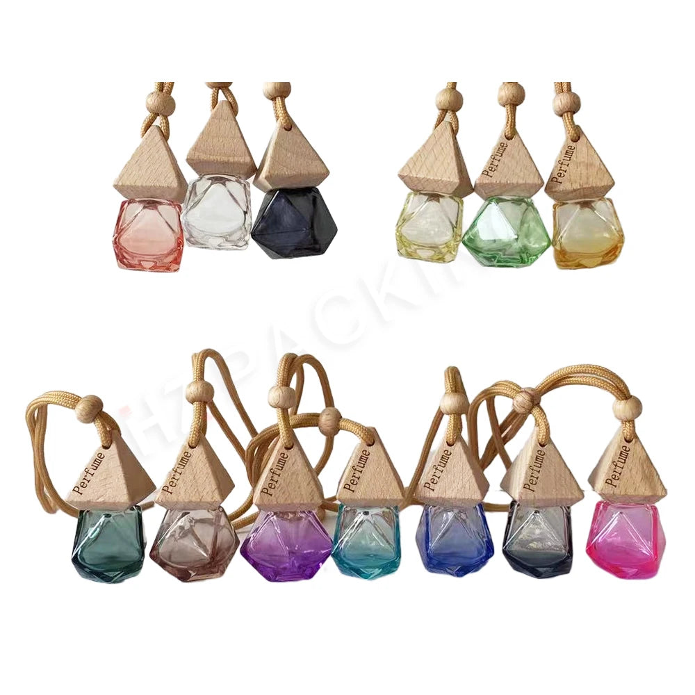 Mub Mini 8ml Triangular Shape Glass Perfume Bottle Empty Colored Hanging Car Perfume Bottle With Wooden Cap