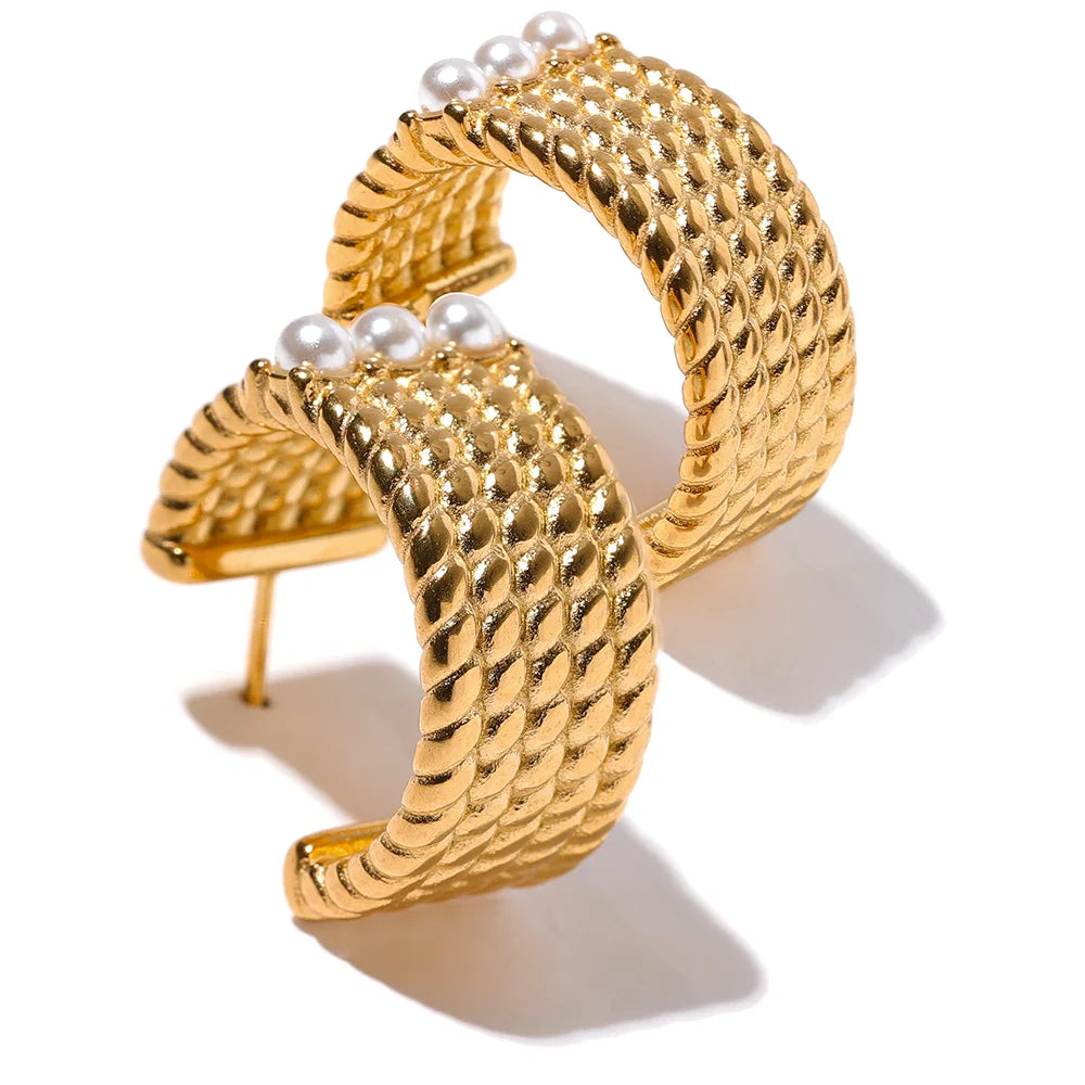 JINYOU 1581 Stainless Steel C Shape Geometric Artificial Pearls Wide Hoop Earrings Gold Charm Trendy Fashion Quality Jewelry 