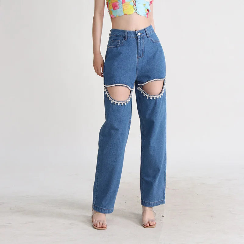 Fashion Street Trendy 2024 Spring Summer New Arrival Diamond Beaded Hollow Design Straight Denim Casual Pants