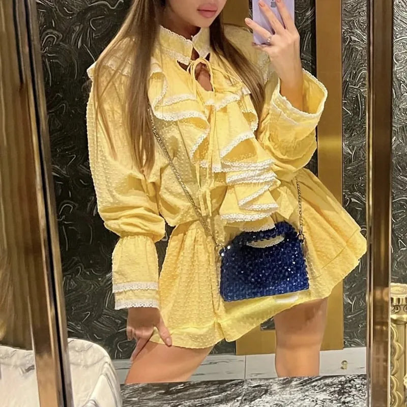 Fashionable Sweet Retro Style 2024 Summer New Style Neckline Tie Design Long-Sleeved Short Solid Color Women's Dress