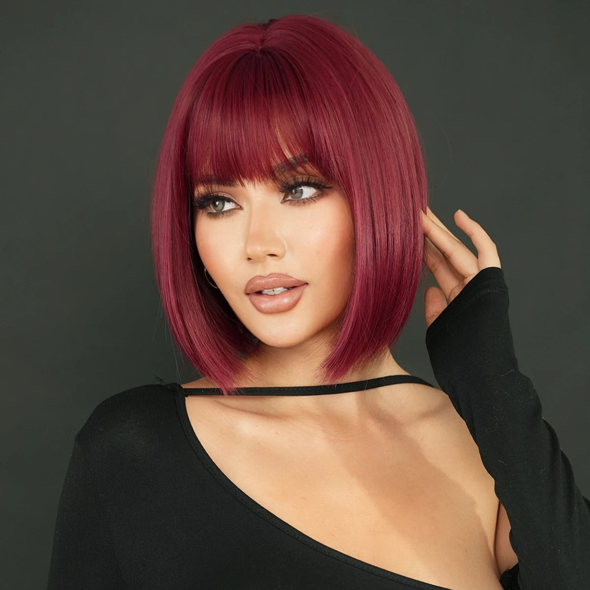 Short Bob Straight Wig with Bangs 12in Short Natural Red Yaki Wig Synthetic Heat Resistant Burgundy Red Hair for Party Cospla