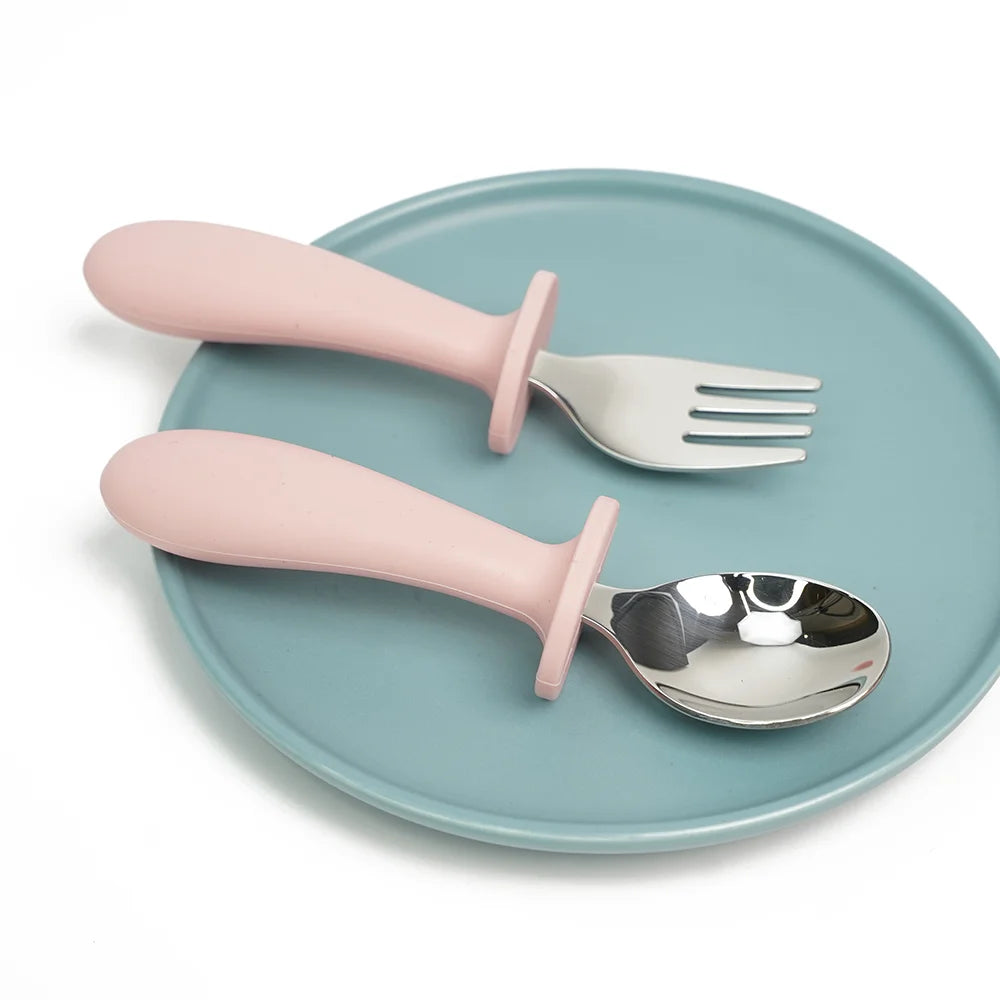 Wholesale Silicone Handle Baby Kids Spoon and Fork Set Stainless Steel Silicon Handle Cute Flatware Set