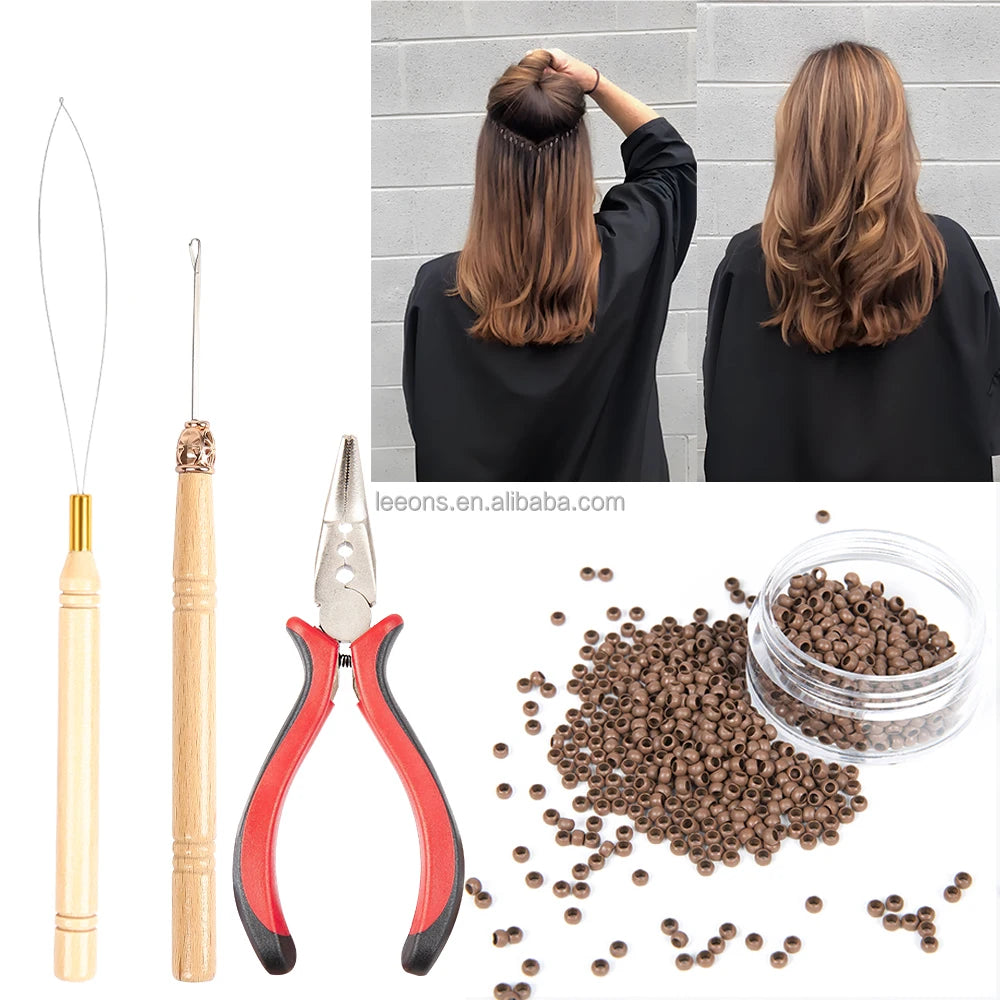 Leeons Hair Extension Tool Kit Micro Ring Beads Ergonomic Three-Hole Pliers 7 Colors 2 Pulling Hooks 1 Plier Set for Extensio