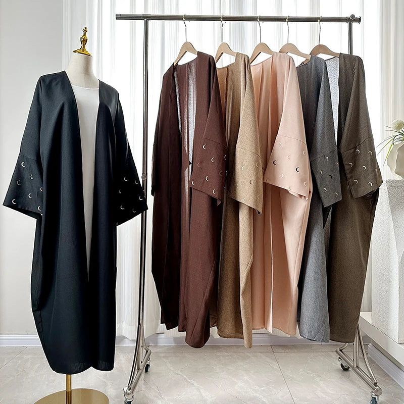 Wholesale Turkey EID Modest Dubai Abaya Girl Muslim Women Dress Luxury Moon Embroidery Sleeves Polyester Linen Kimono Open Ab