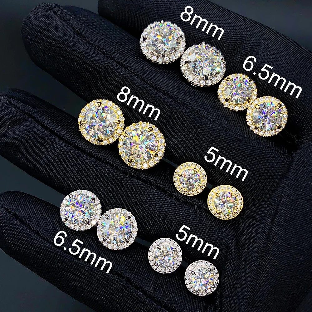 Luxury Moissanite Hip Hop Jewelry VVS Diamond Round Earrings 8mm 9.2mm 11mm Width Sterling Silver 925 Hip Hop Fashion Stud Ea