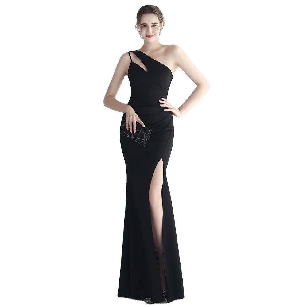 18987# Wedding Car Model Exhibition Satin Cloth New Slim-Fit Single Shoulder Long Celebrity Dinner Slimming Dresses