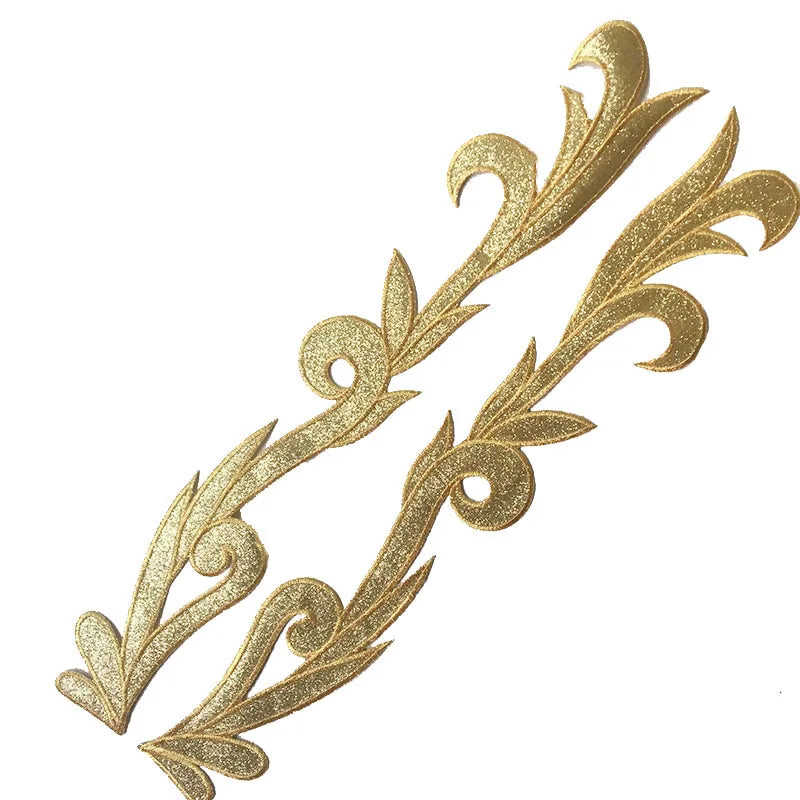 Long Leaf Branches Gold Glitter Clothing Iron on Embroidered Garment Patches Large Size Baroque Stage Costumes Sticker Appliq