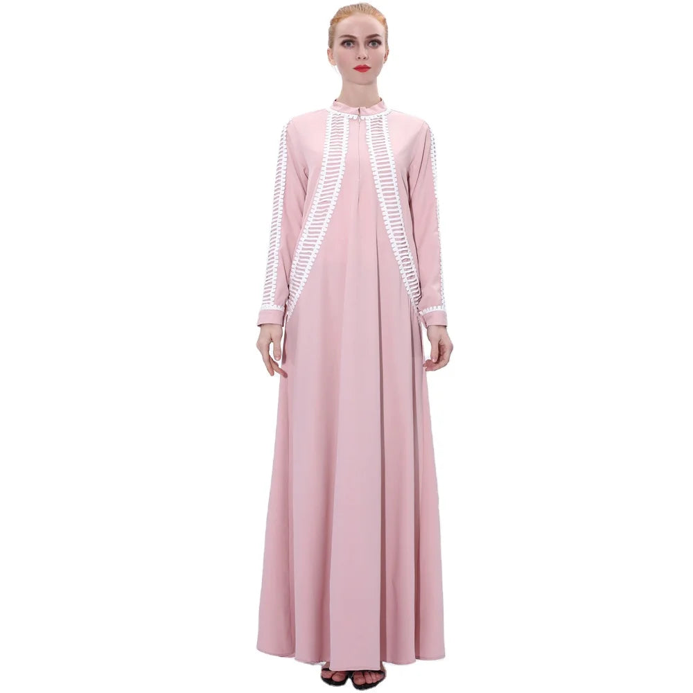 Long Style Lacework Decoration Zipper Front Plain Color Ladies Abaya Dubai Dresses Turkey Traditional