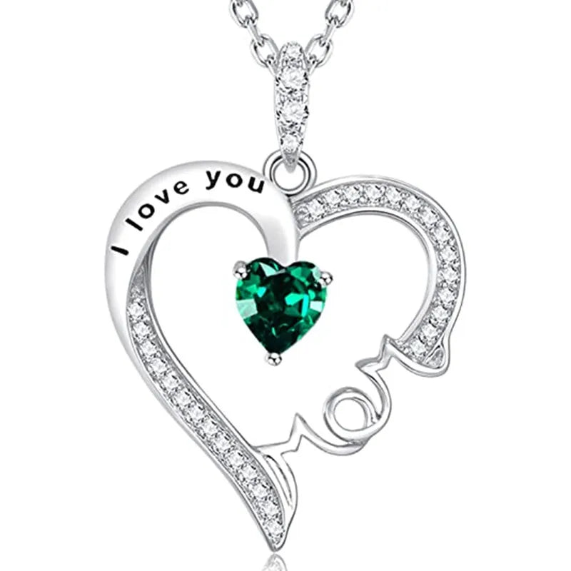 CAOSHI OEM/ODM Elegant Green Color Crystal Love Necklace for Women Creative Mother's Day Silver Plated Popular Pendant Neckla